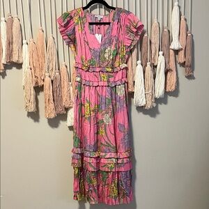 Anthropologie —Current Air Pink and Green Floral Midi Dress size xs NWT